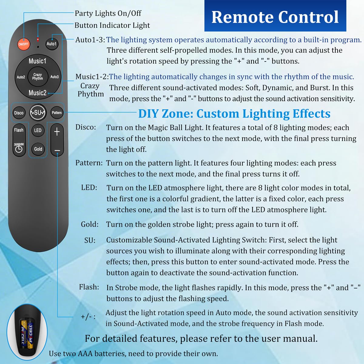 LAUCNPTY remote control enables easy mode switching from across the room.