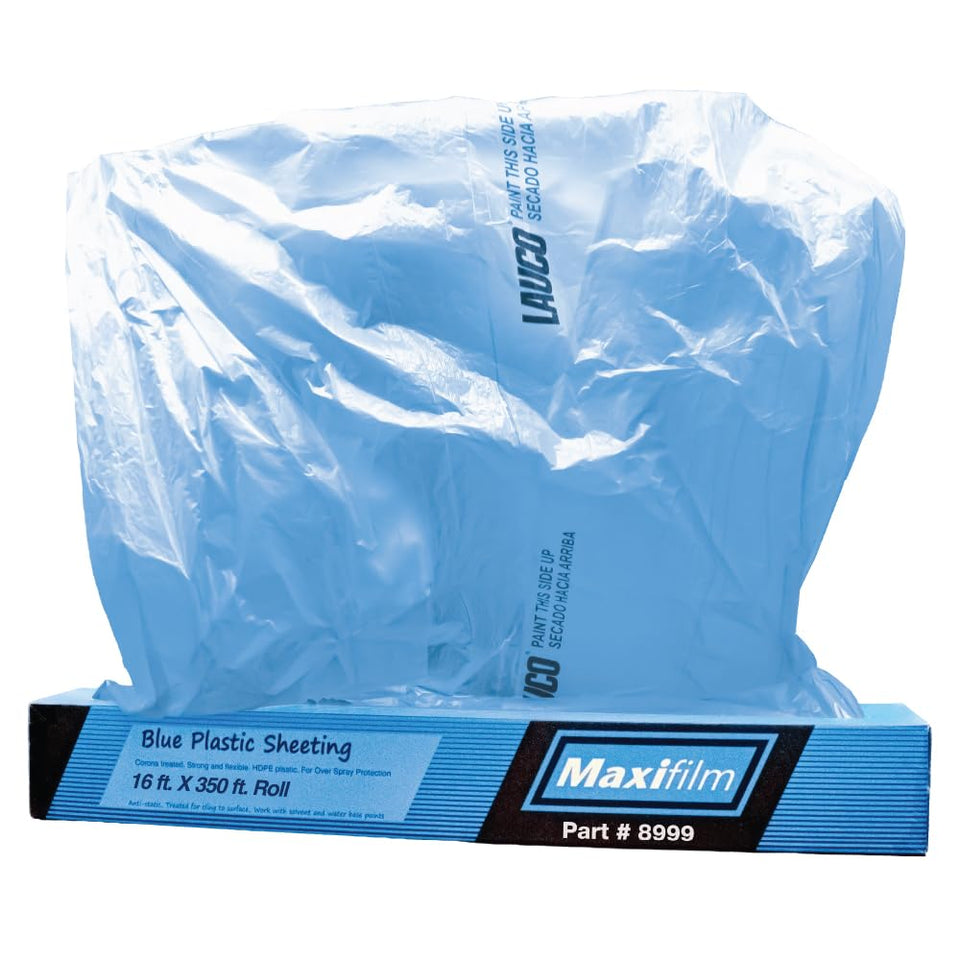 LAUCO MAXIFILM blue masking sheet protects auto surfaces during painting tasks.