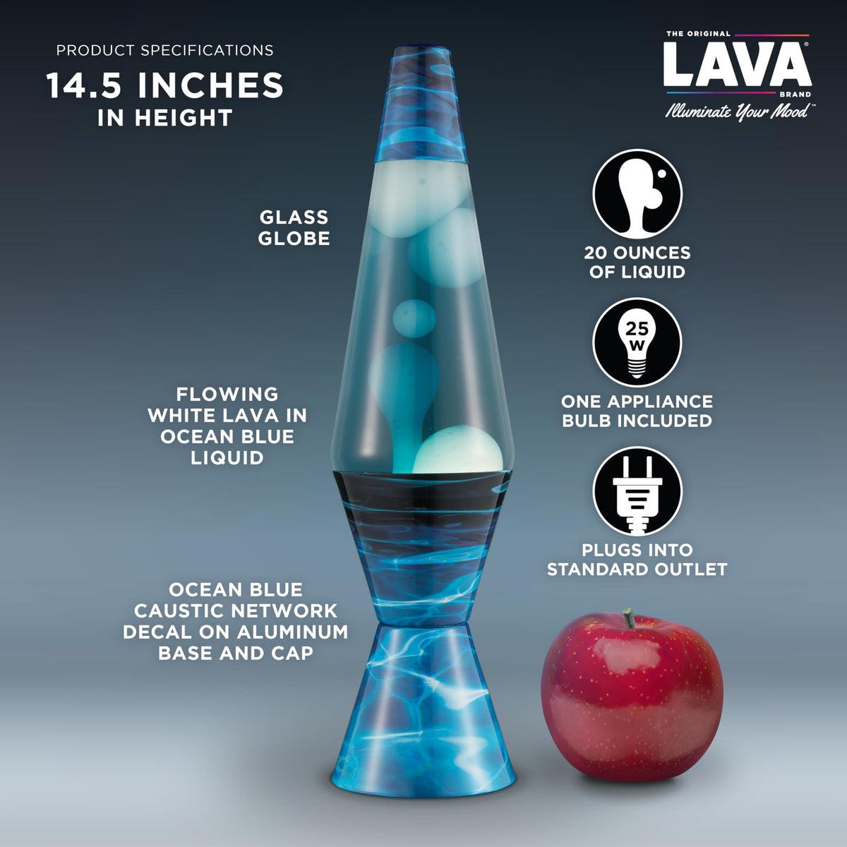 Lava Original lamp close-up shows white wax and ocean blue liquid in motion