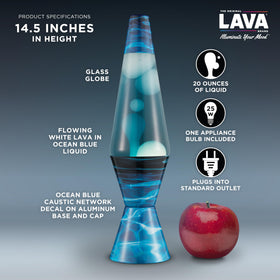 Lava Original lamp close-up shows white wax and ocean blue liquid in motion