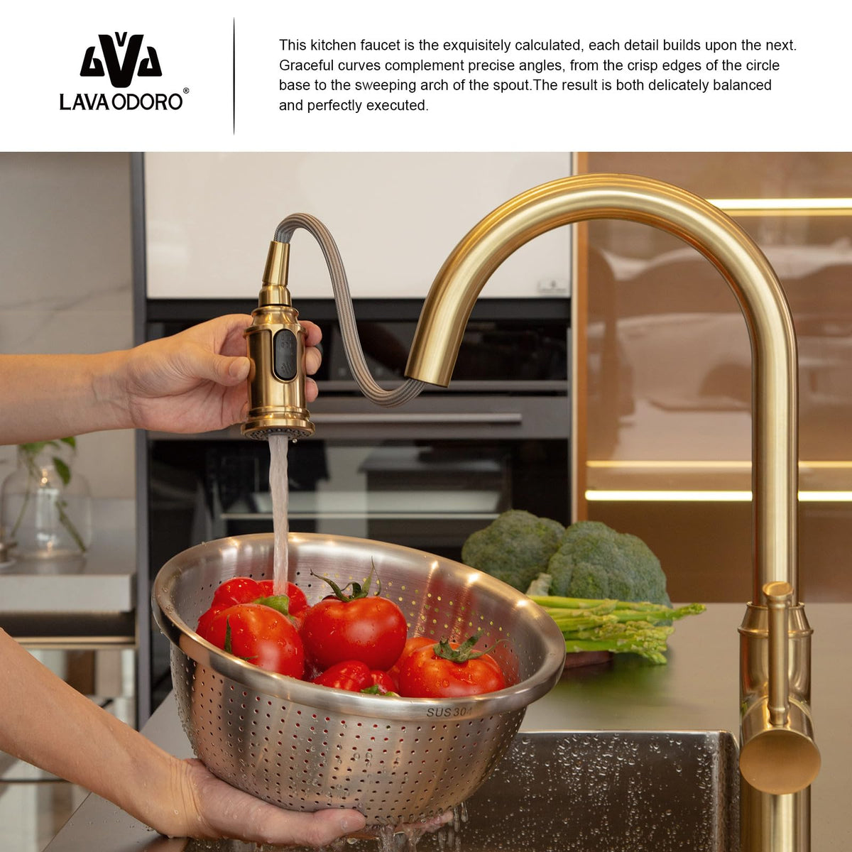 Lava Odoro champagne gold faucet with deck plate included simplifies 1- or 3-hole installation
