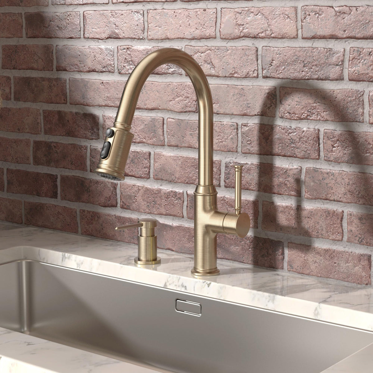 Lava Odoro kitchen sink dispenser demonstrating steady soap flow