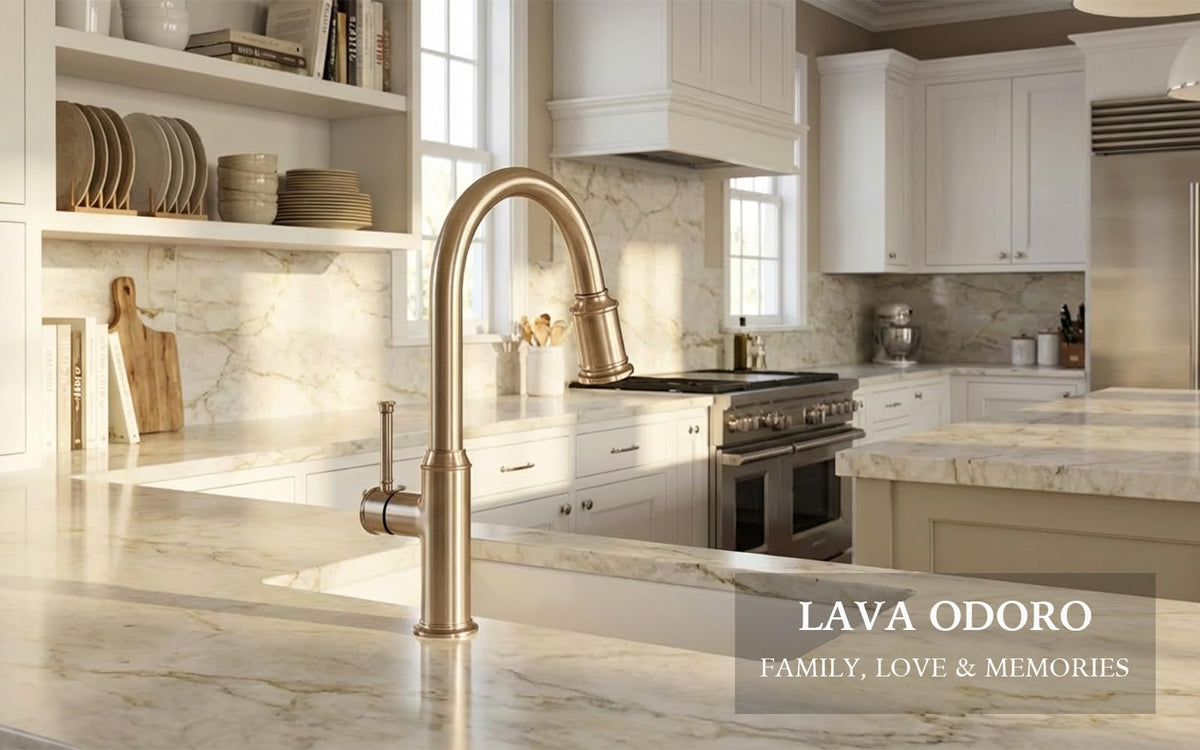 Lava Odoro champagne gold spot-free finish resists water stains for effortless maintenance