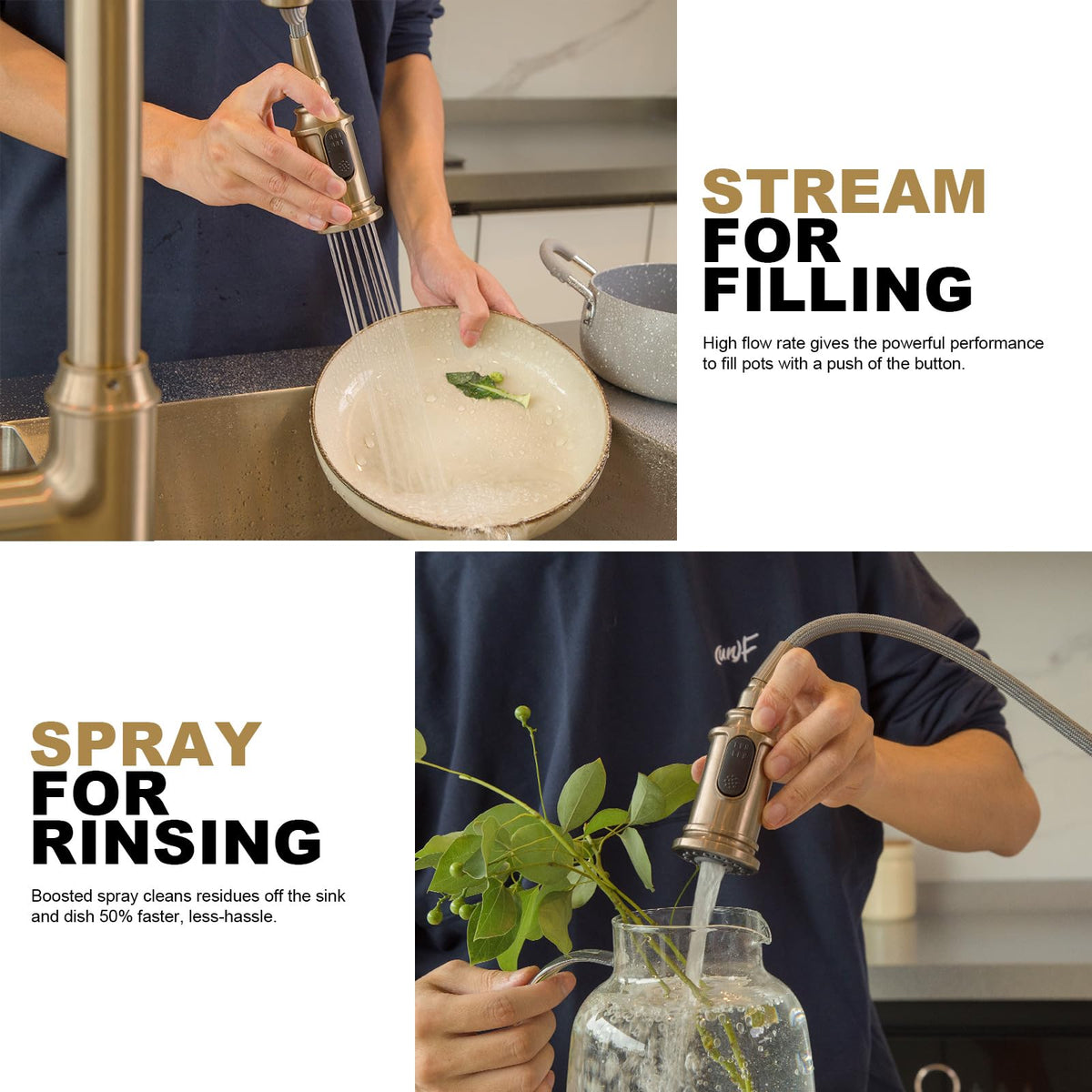 Lava Odoro faucet arc spout offers ample clearance for tall cookware