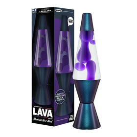 Lava Original Lamp 14-5 inch Black Iris adds ambient color to a living room.