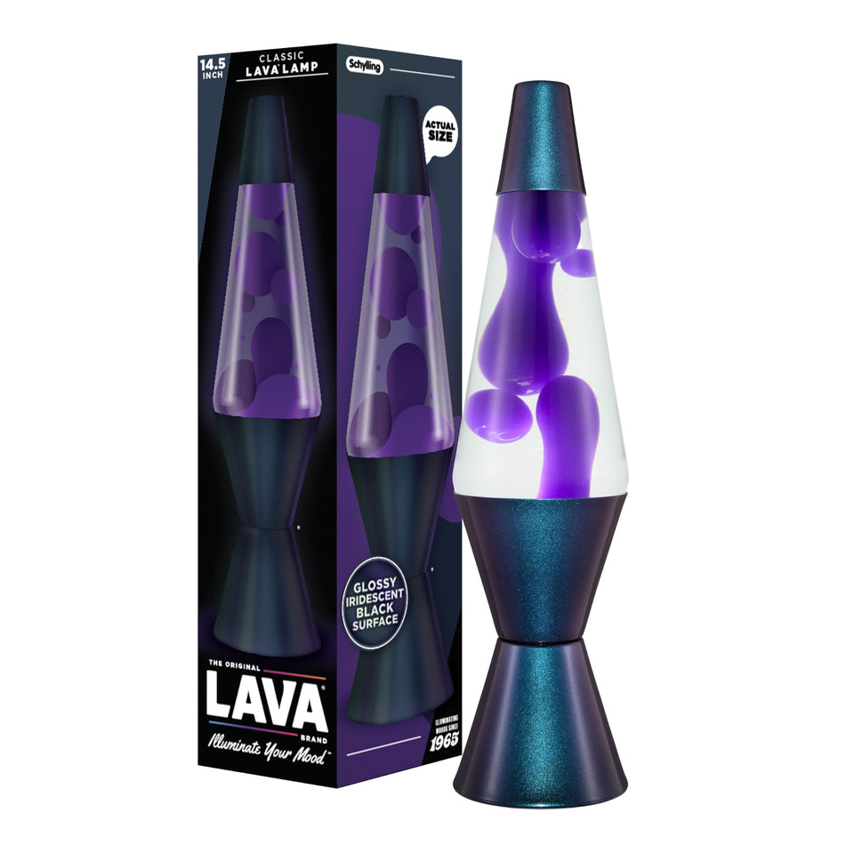 Lava Original Lamp 14-5 inch Black Iris adds ambient color to a living room.