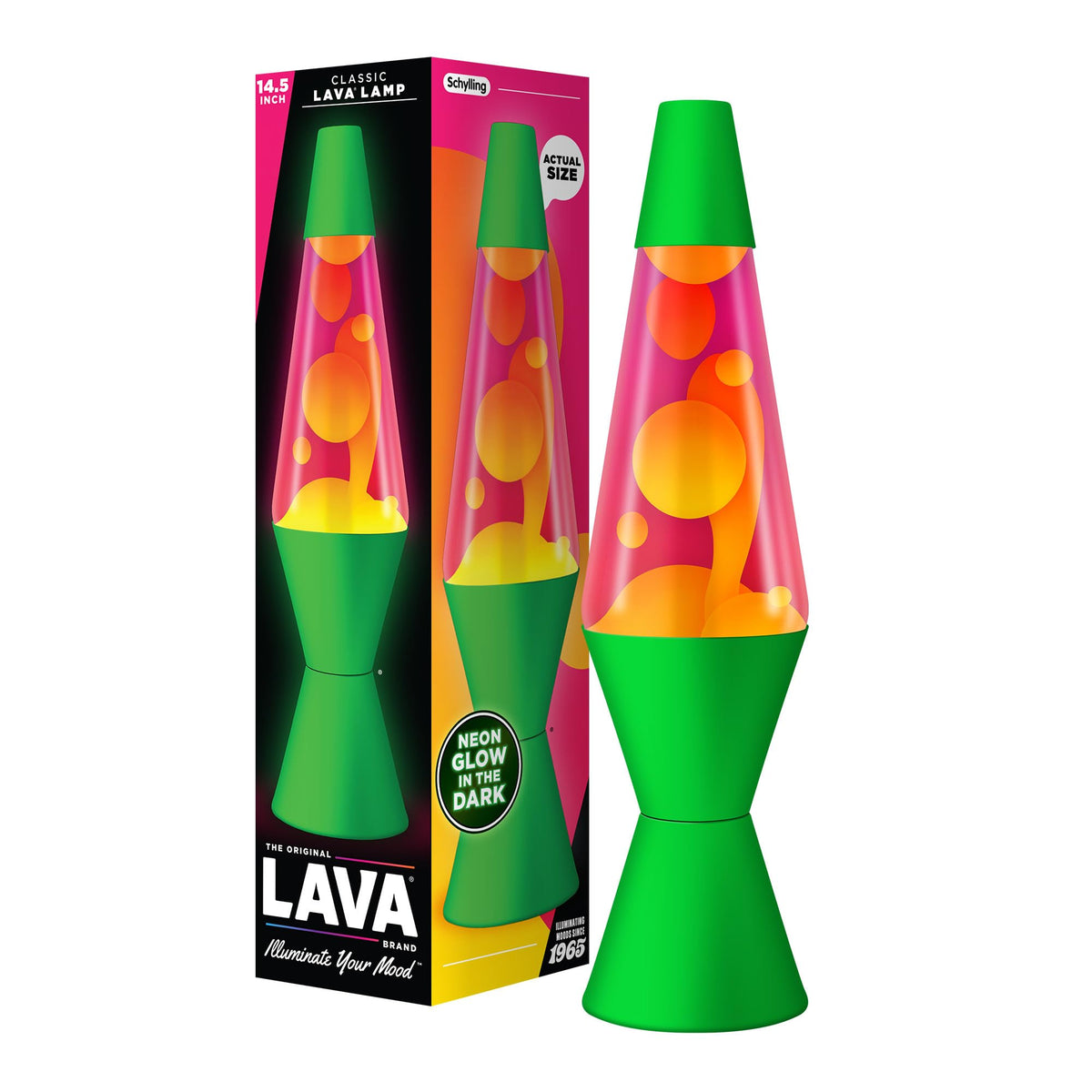 Lava Original Lamp 14.5-inch neon green globe glows softly for ambient lighting.