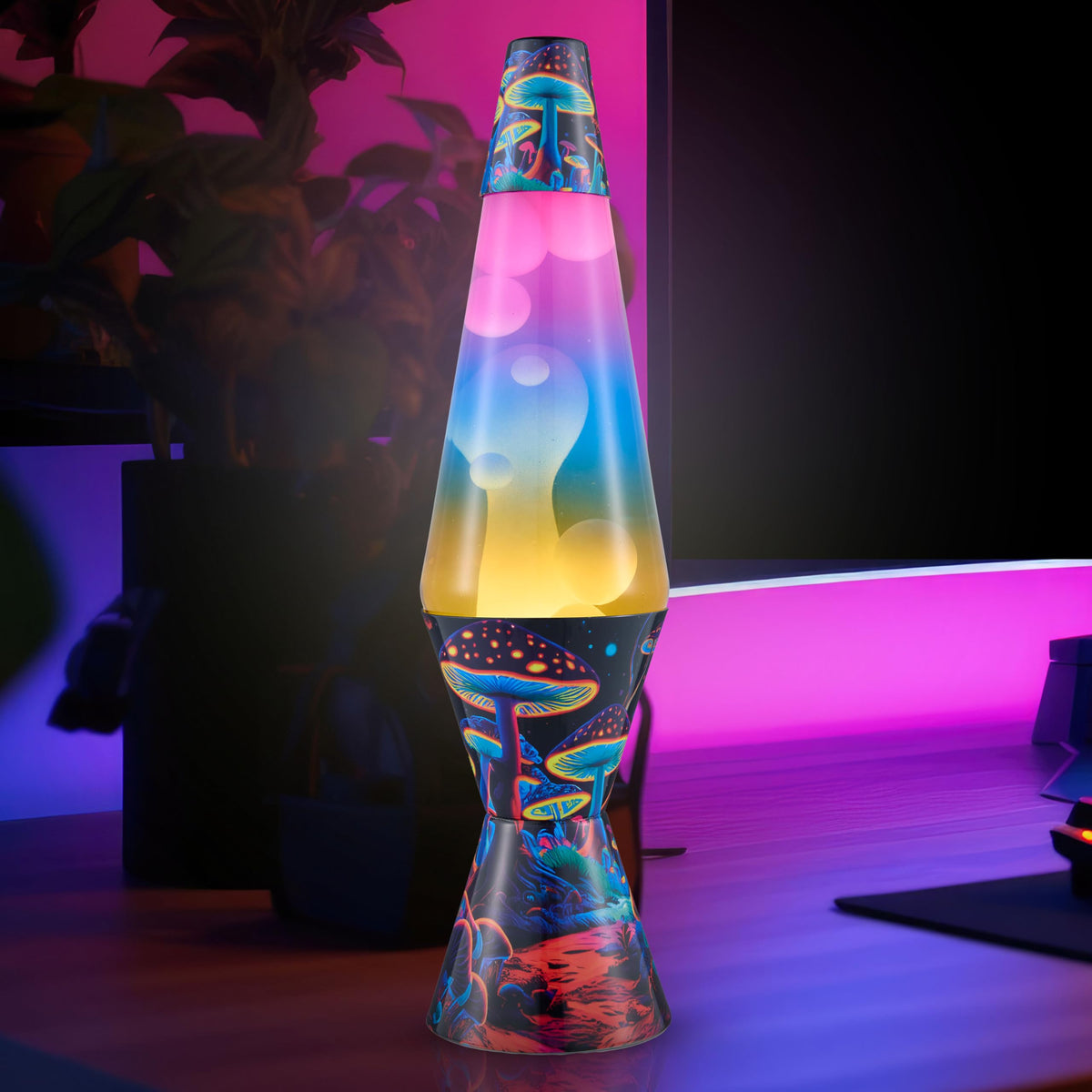 Sleek black base anchors the Lava lamp in modern decor.