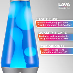 Lava The Original Lamp close-up shows blue liquid and white wax motion.