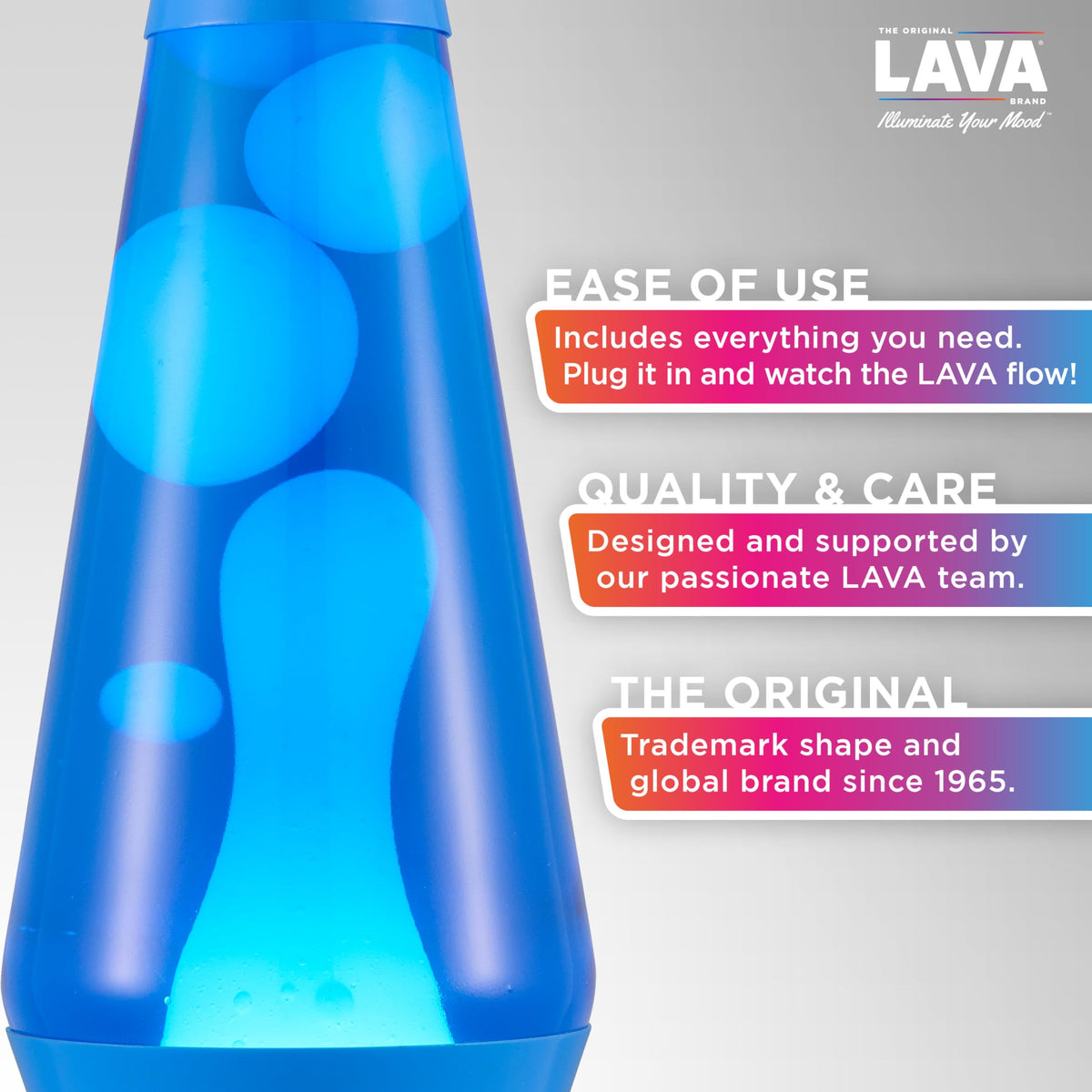 Lava The Original Lamp blue liquid moving smoothly to create calming motion.