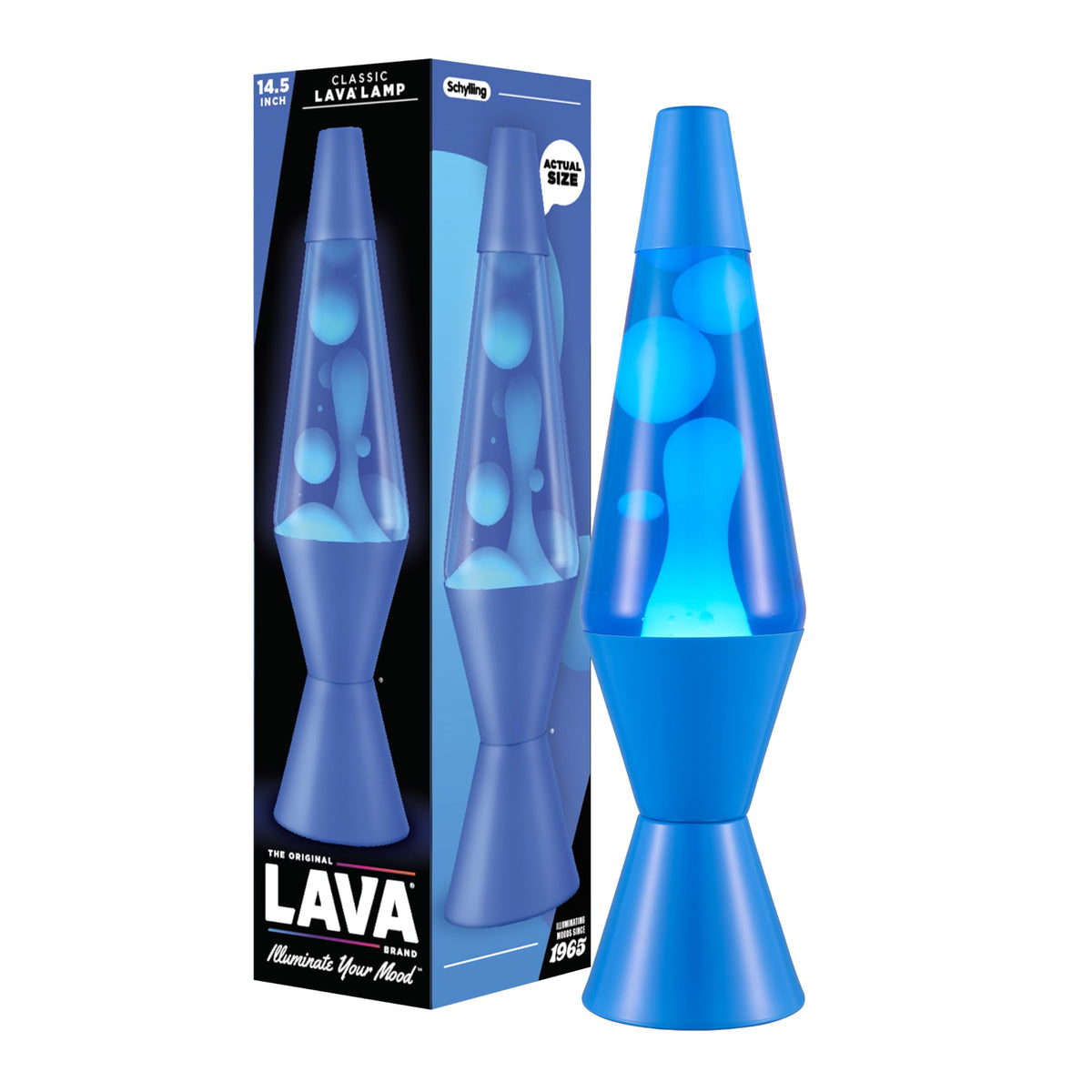 Lava The Original Lamp cerulean blue base glowing for ambient mood lighting.