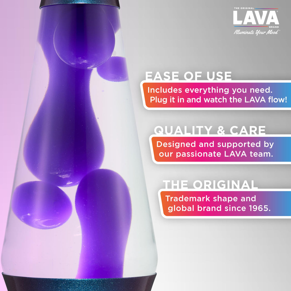Lava Original Lamp purple-wax blue-liquid closeup highlights motion.