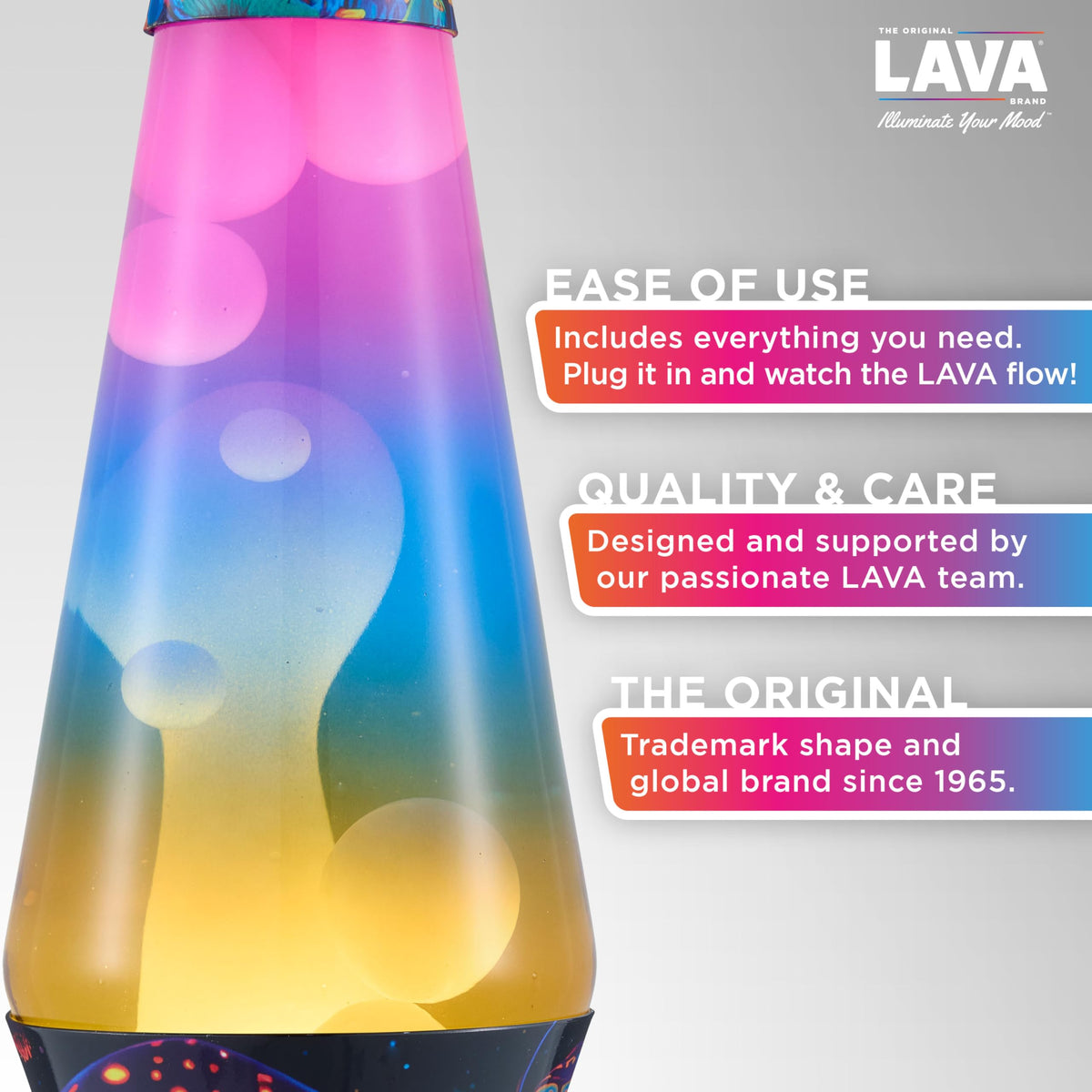 Lava Original Lamp tri-colored globe with dynamic color shifts.