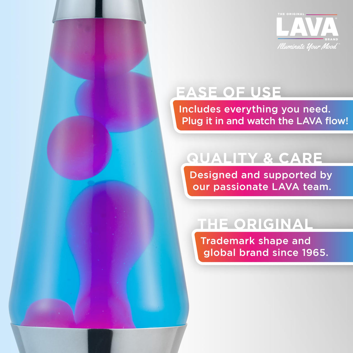 Close-up of Lava Original Lava Lamp globe showing pink lava in blue liquid motion
