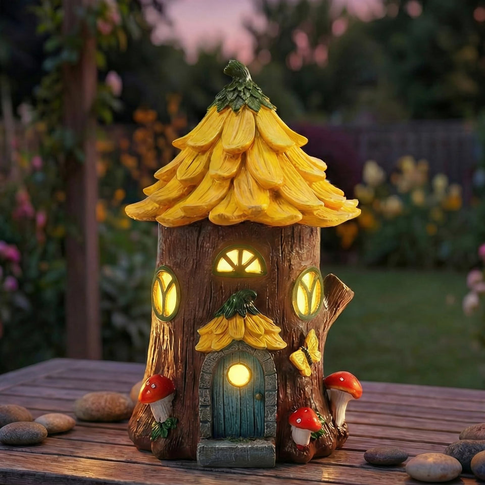 Lavezee fairy house outdoor light illuminates garden paths with a warm, welcoming glow.