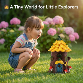 Lavezee fairy house windows glow softly, creating a cozy ambience at dusk.