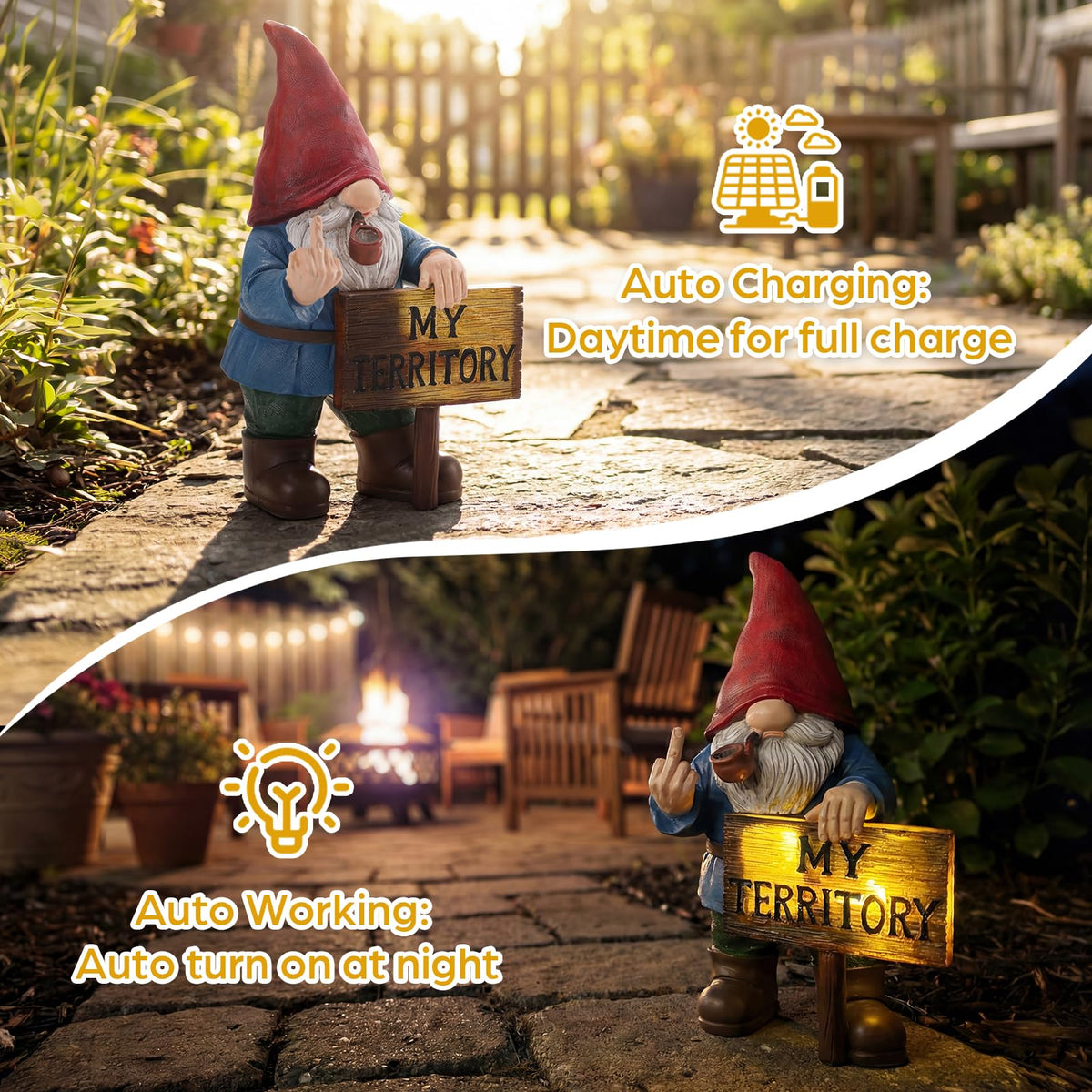 Lavezee polystone outdoor gnome endures rain and sun with UV protection.