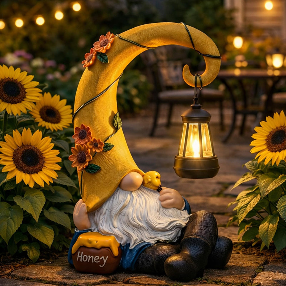 Lavezee spring gnome statue adds whimsy to garden and porch.