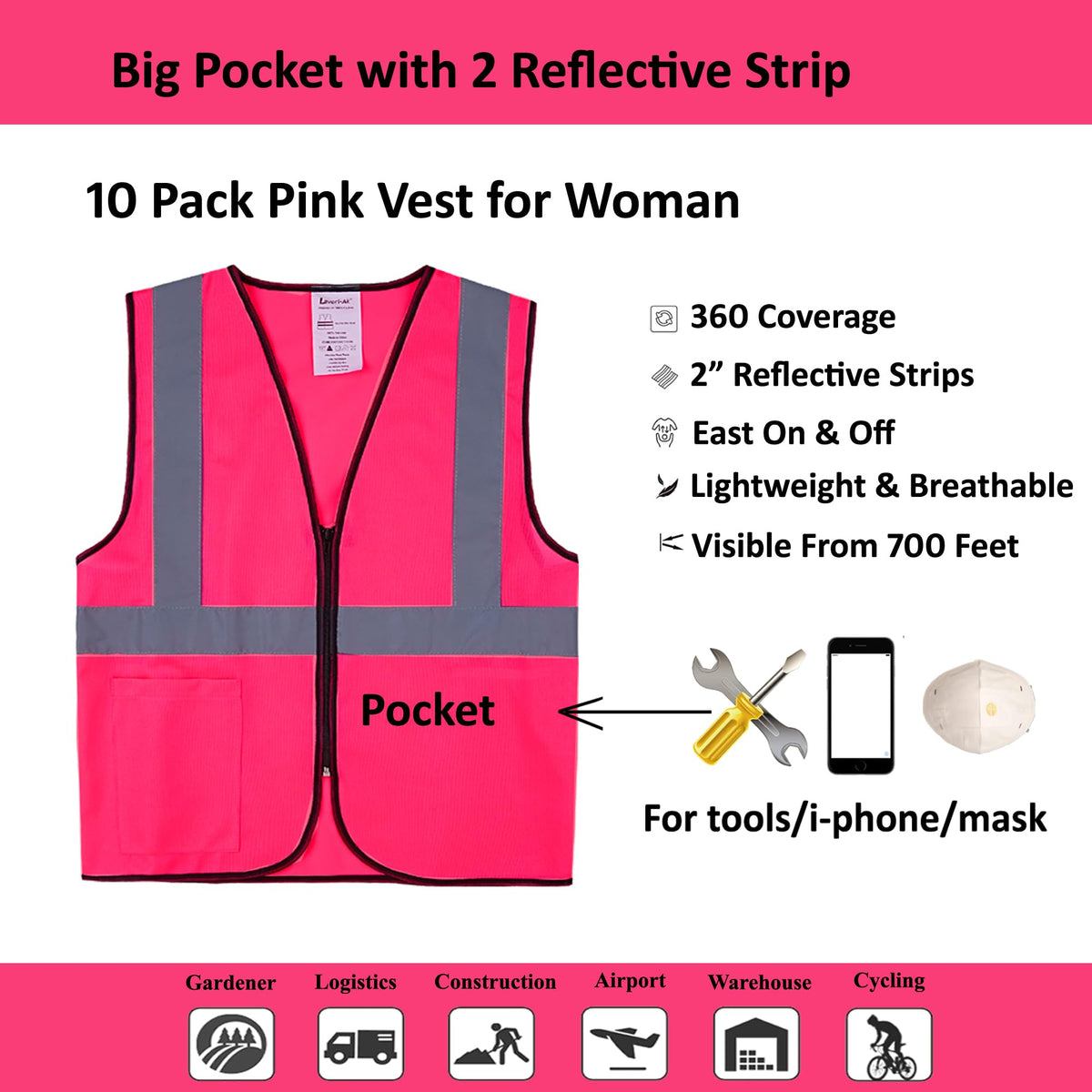Lavori-AK Pink Safety Vest back view showing reflective stripes for night safety