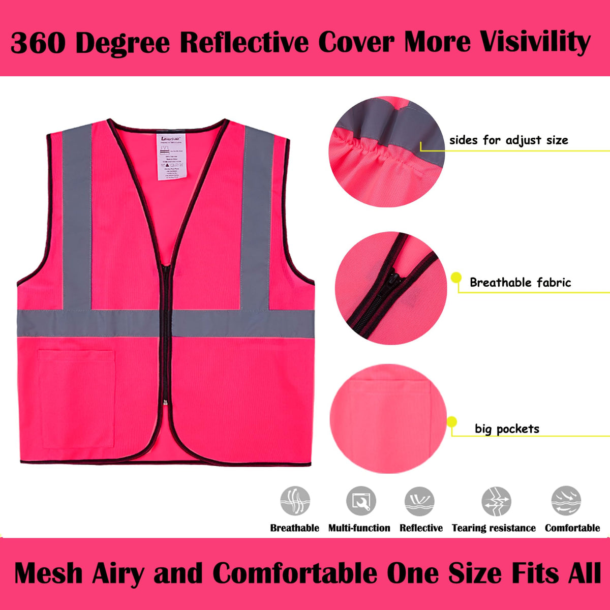 Lavori-AK Pink Safety Vest close-up of breathable mesh fabric for cooling comfort