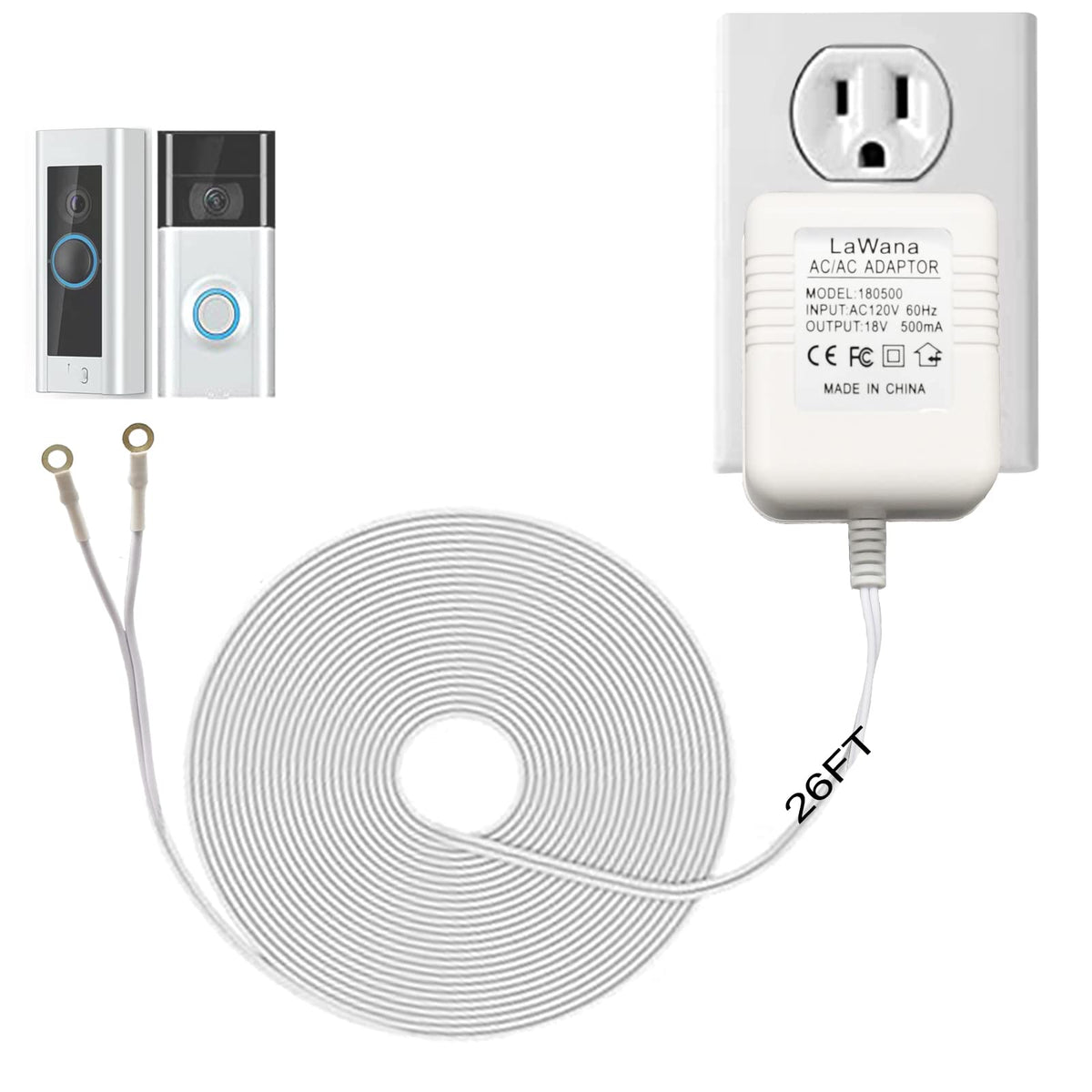 LaWana 26ft cable and 18V 500mA transformer powering Ring, Nest, and other doorbells.