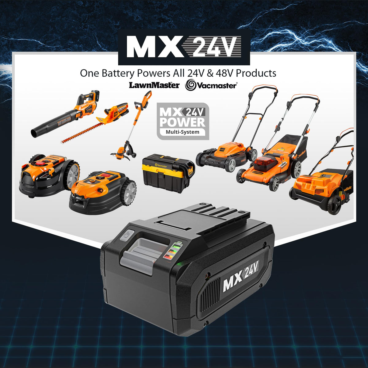 LawnMaster MX24V charging options with dual-port or single-port chargers.