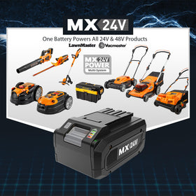 LawnMaster MX24V charging options with dual-port or single-port chargers.