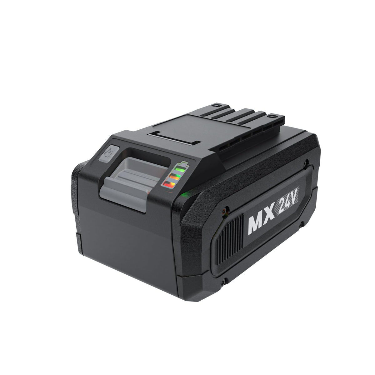LawnMaster MX24V LED indicator showing battery status for quick checks.