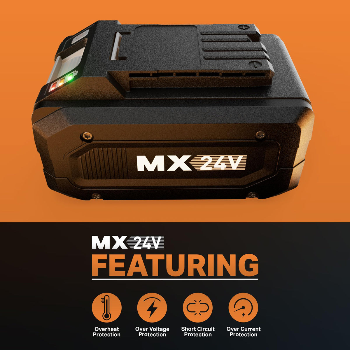 LawnMaster MX24V no-capacity-loss design supports partial or full charging.