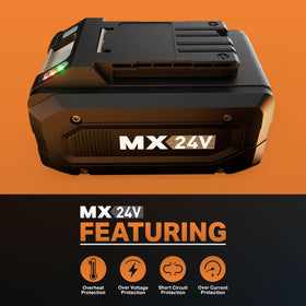 LawnMaster MX24V no-capacity-loss design supports partial or full charging.