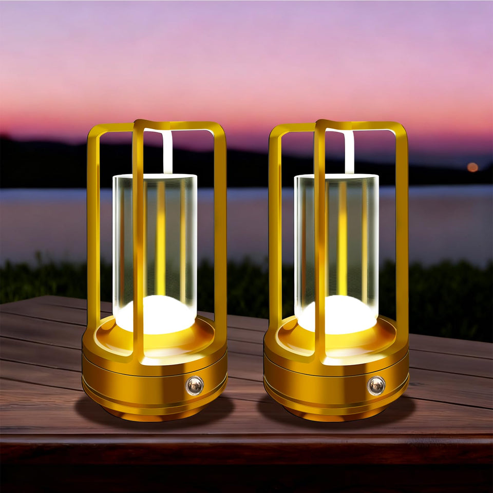 LAYSHINEEN cordless table lamp on table showing portable, rechargeable LED lighting for outdoor use