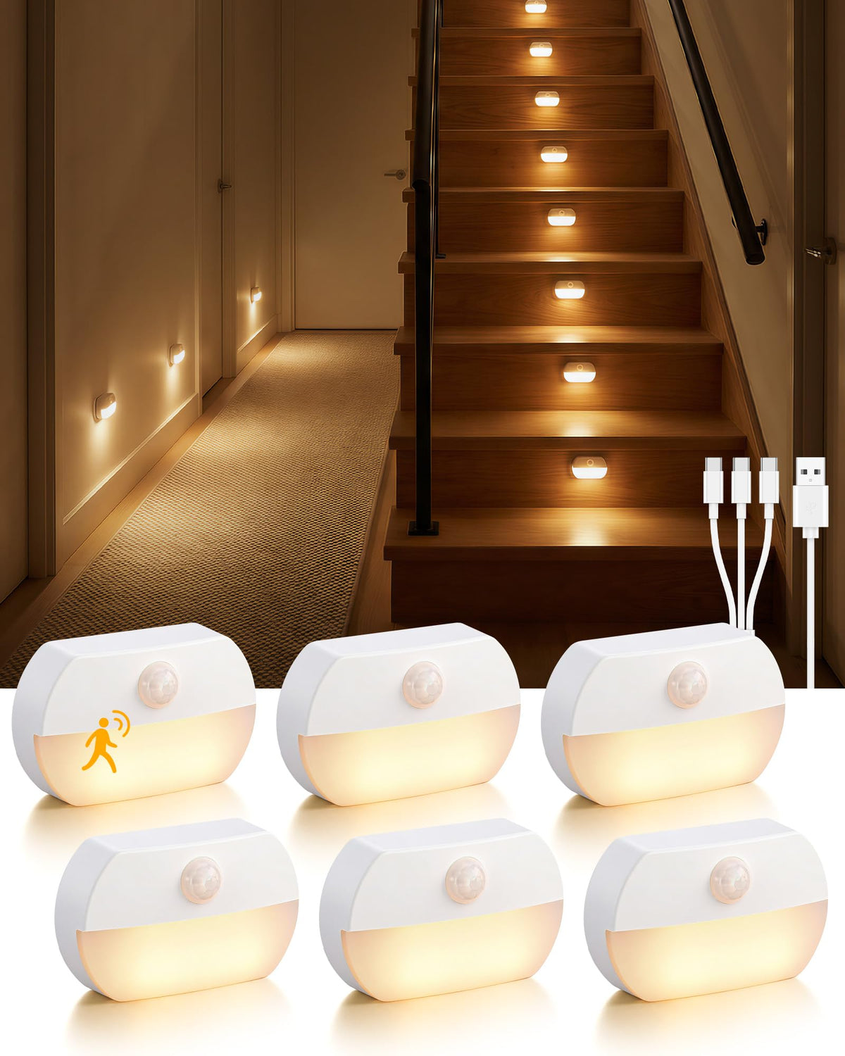 Lazukes 6-pack stair light with magnetic mount for tool-free installation.