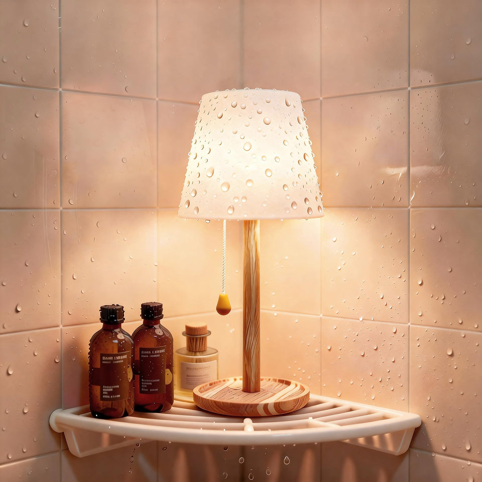 Lazukes cordless shower lamp front view highlights IP65 waterproof design for bathrooms