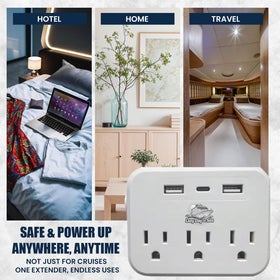 Lazy Day at Sea cruise ship-compliant outlet keeps cabin outlets organized safely.