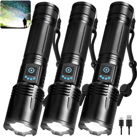 LBE 3 pack flashlights shown from the front, bright LED for camping and emergencies.