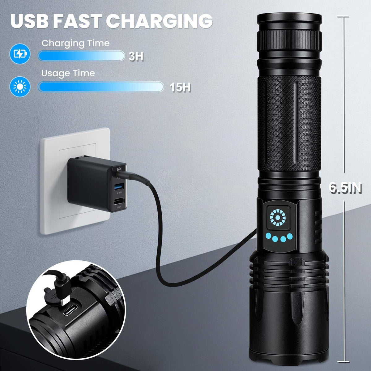 LBE Flashlight with USB-C fast charging keeps lights ready during trips