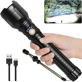 LBE Rechargeable Brightest LED Flashlight front view highlights rugged design for night hikes.