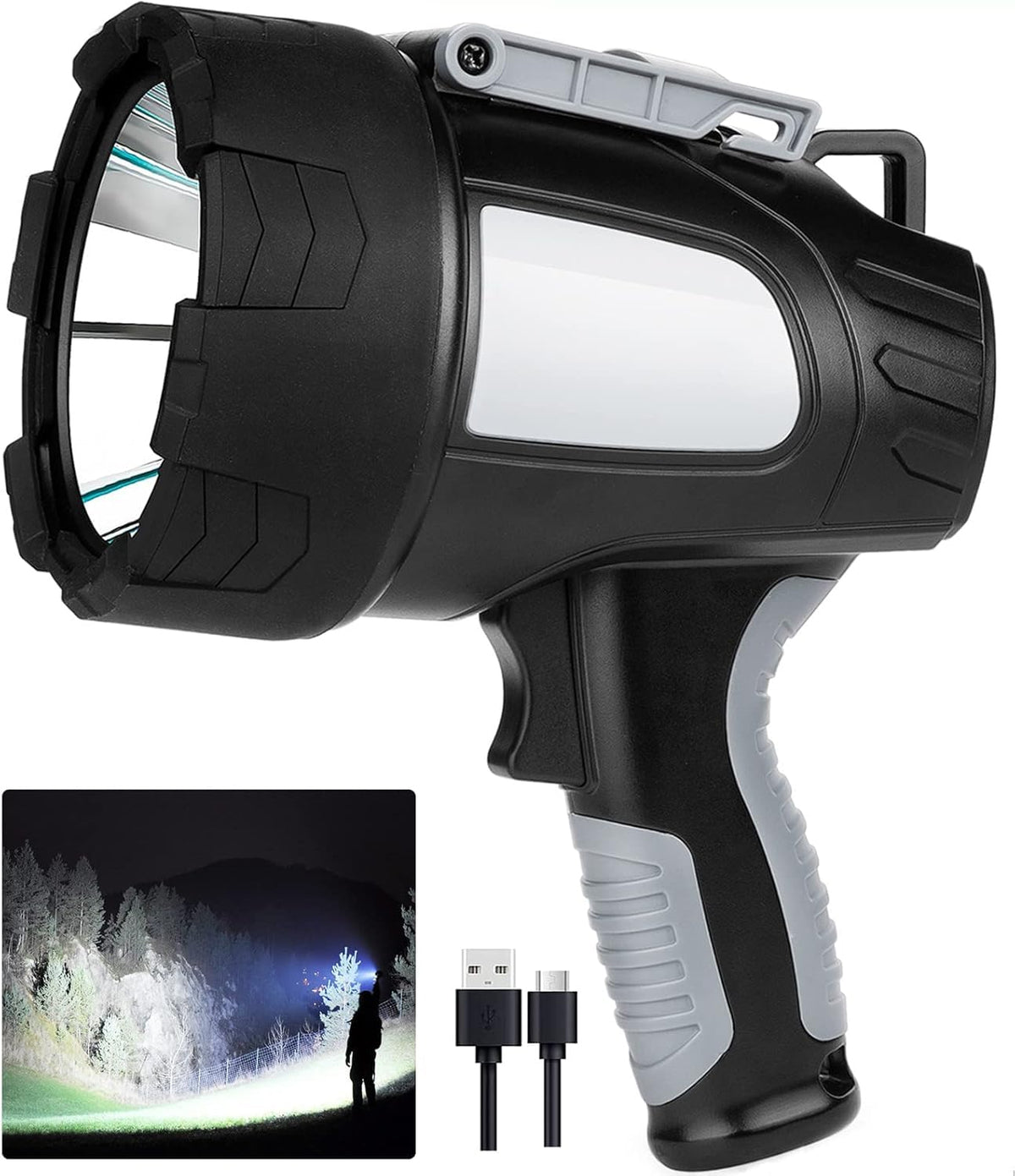 LBE Rechargeable Spotlight with front light focus, ideal for night camping and navigation.