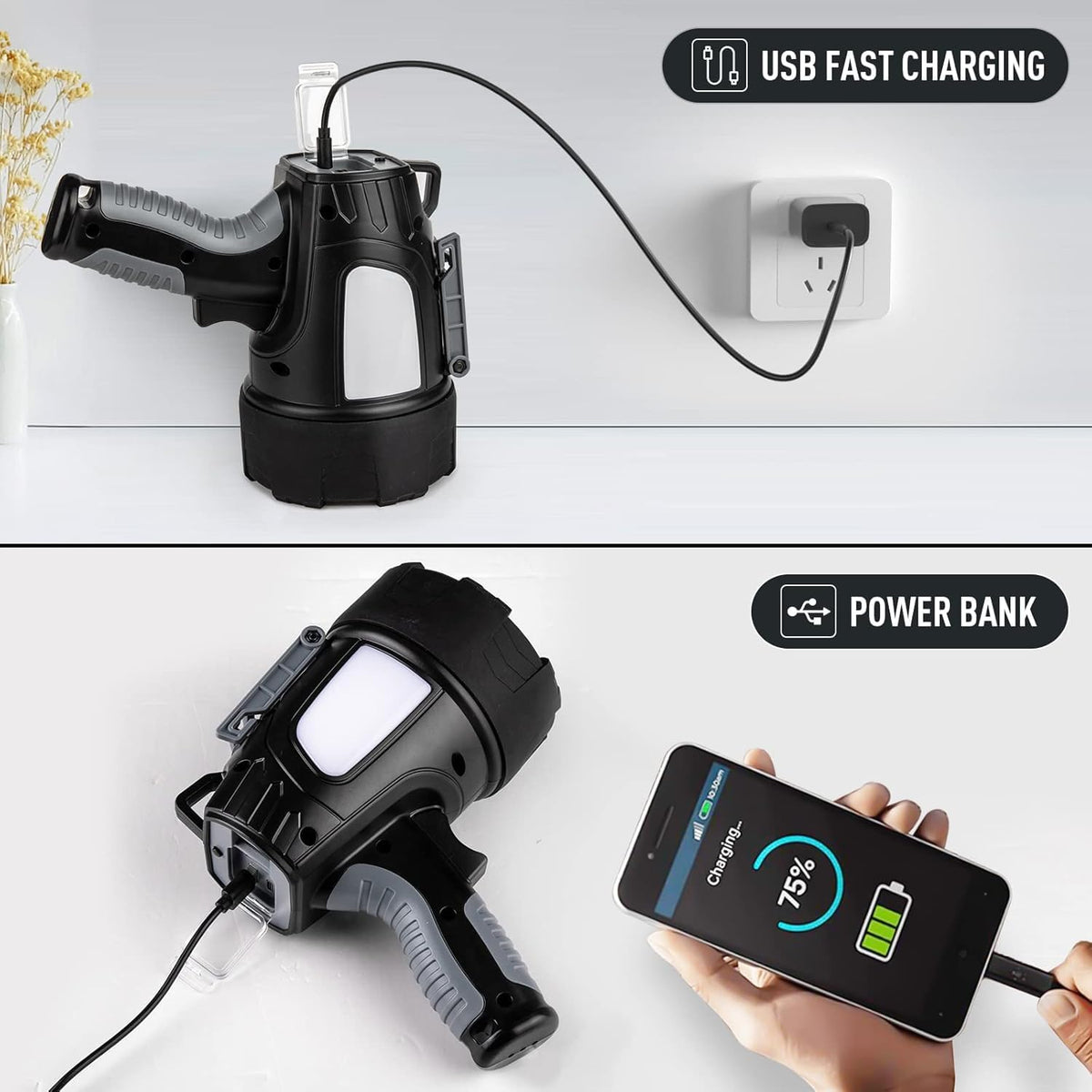 LBE Spotlight USB charging port, quick recharging from power bank.