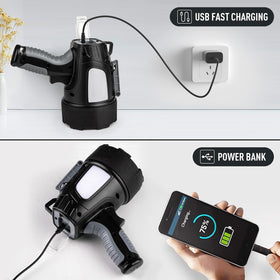 LBE Spotlight USB charging port, quick recharging from power bank.