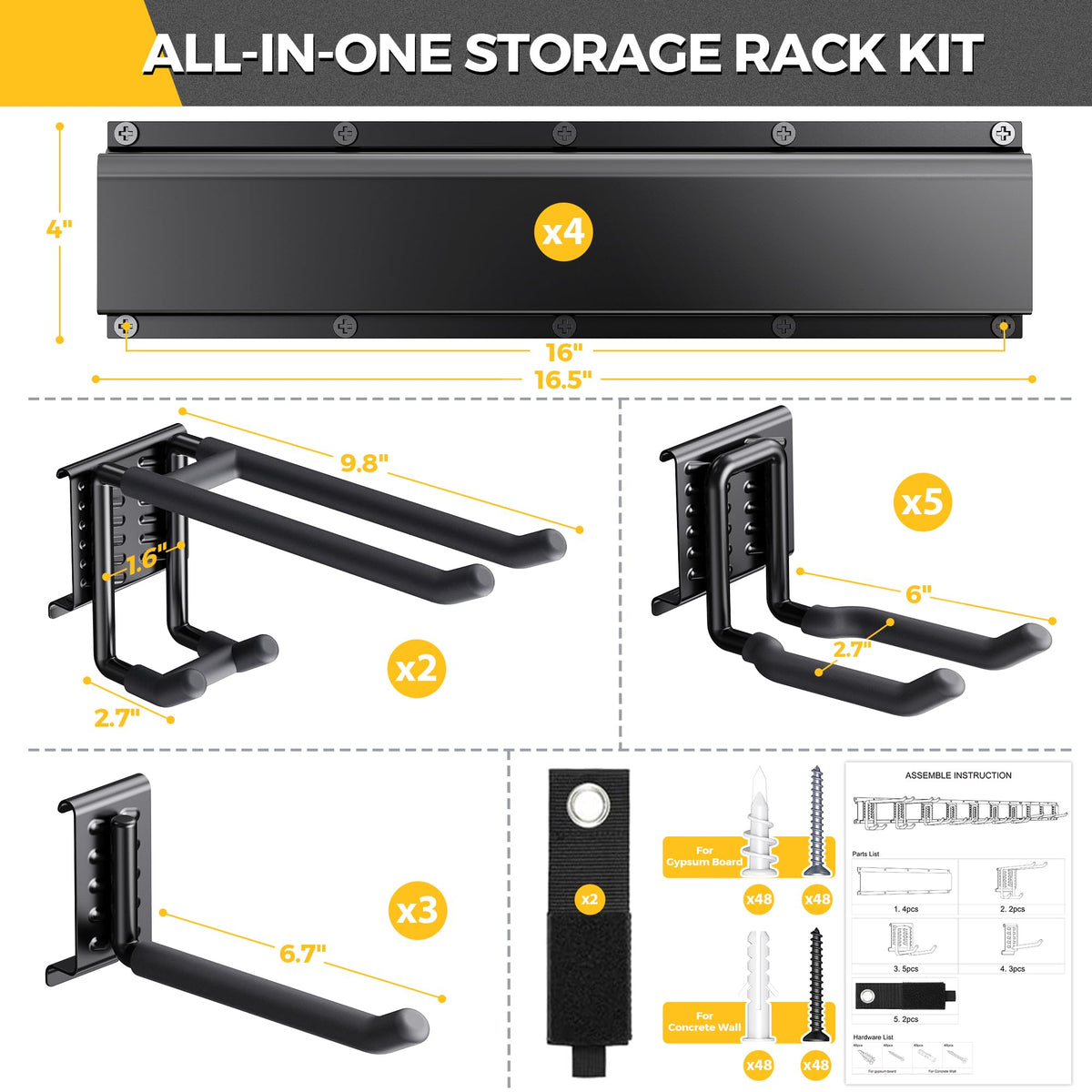LBT 66-inch adjustable hooks for flexible garage tool arrangement.