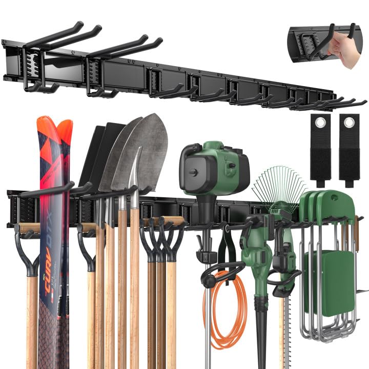 LBT 66-inch garage tool organizer wall-mount with heavy-duty hooks for secure storage.