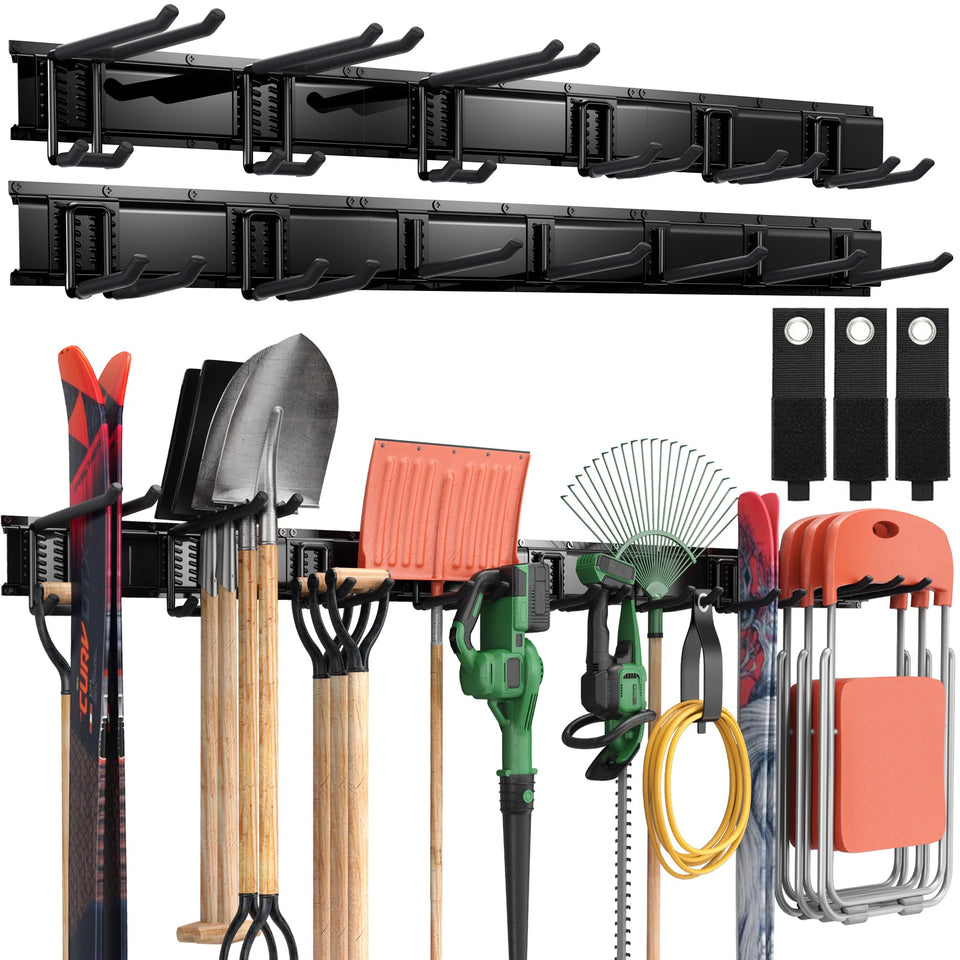 LBT 99inch garage tool organizer wall mount showing full-length rail system for organized storage