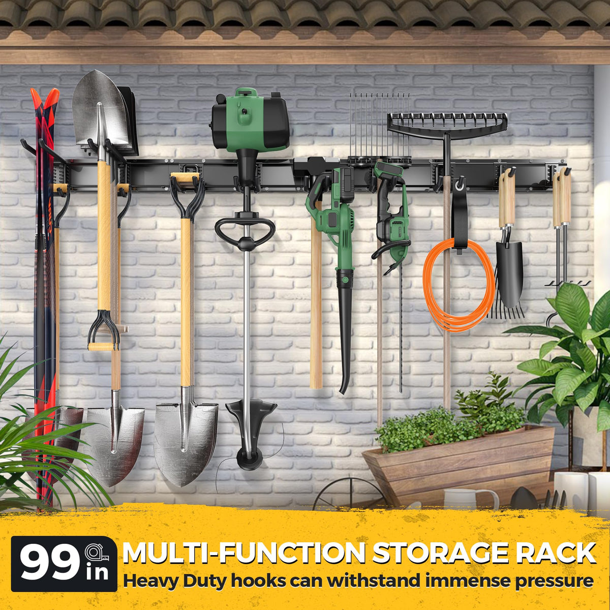 LBT adjustable rails depict easy customization for ladder, broom, and garden tool spacing