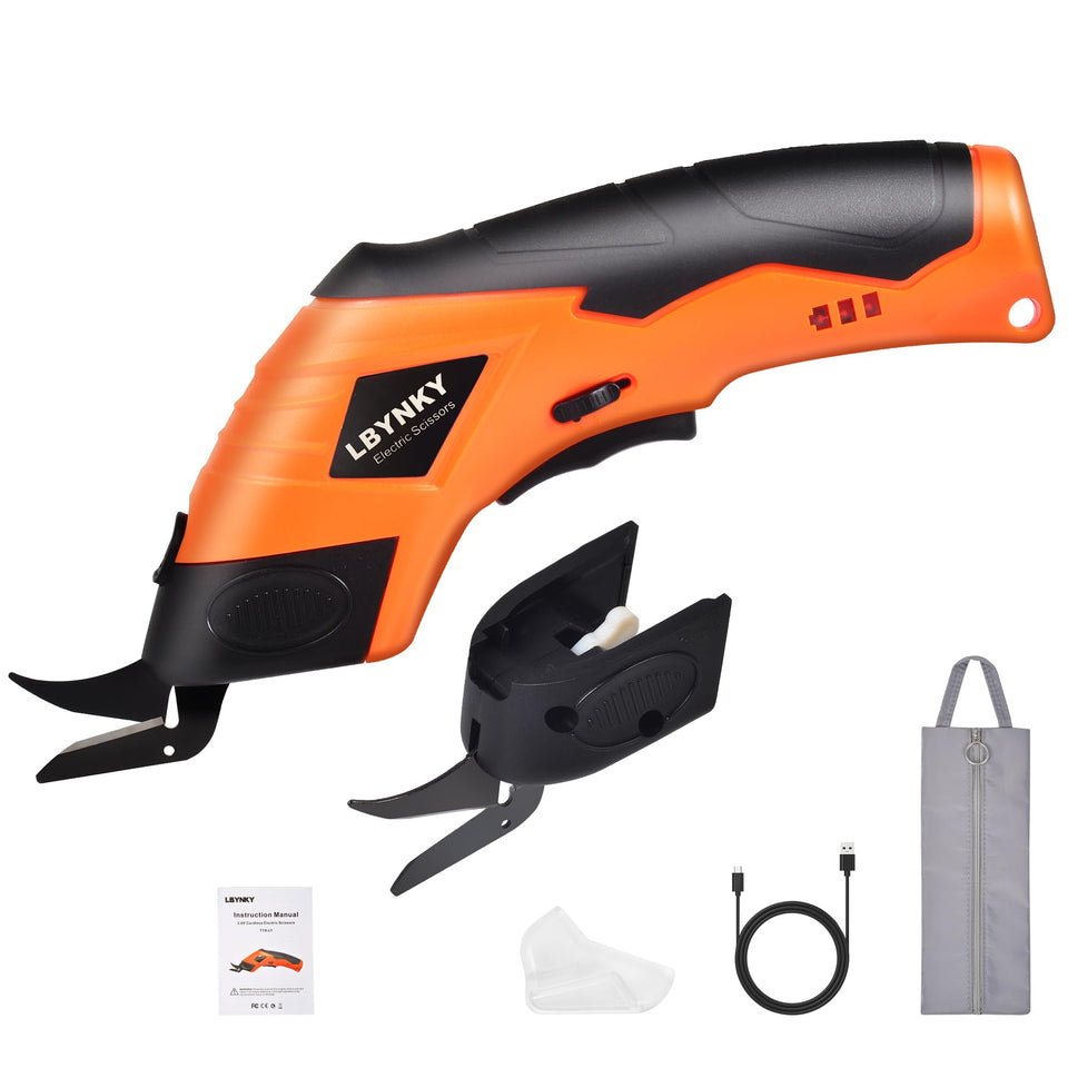 LBYNKY cordless electric scissors with two blades for precise fabric and cardboard cutting.