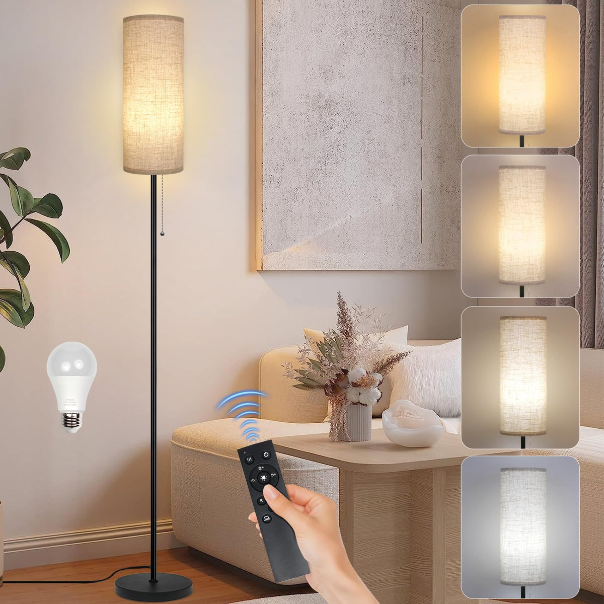 Ldeco floor lamp shows beige shade and LED bulb included for immediate use.