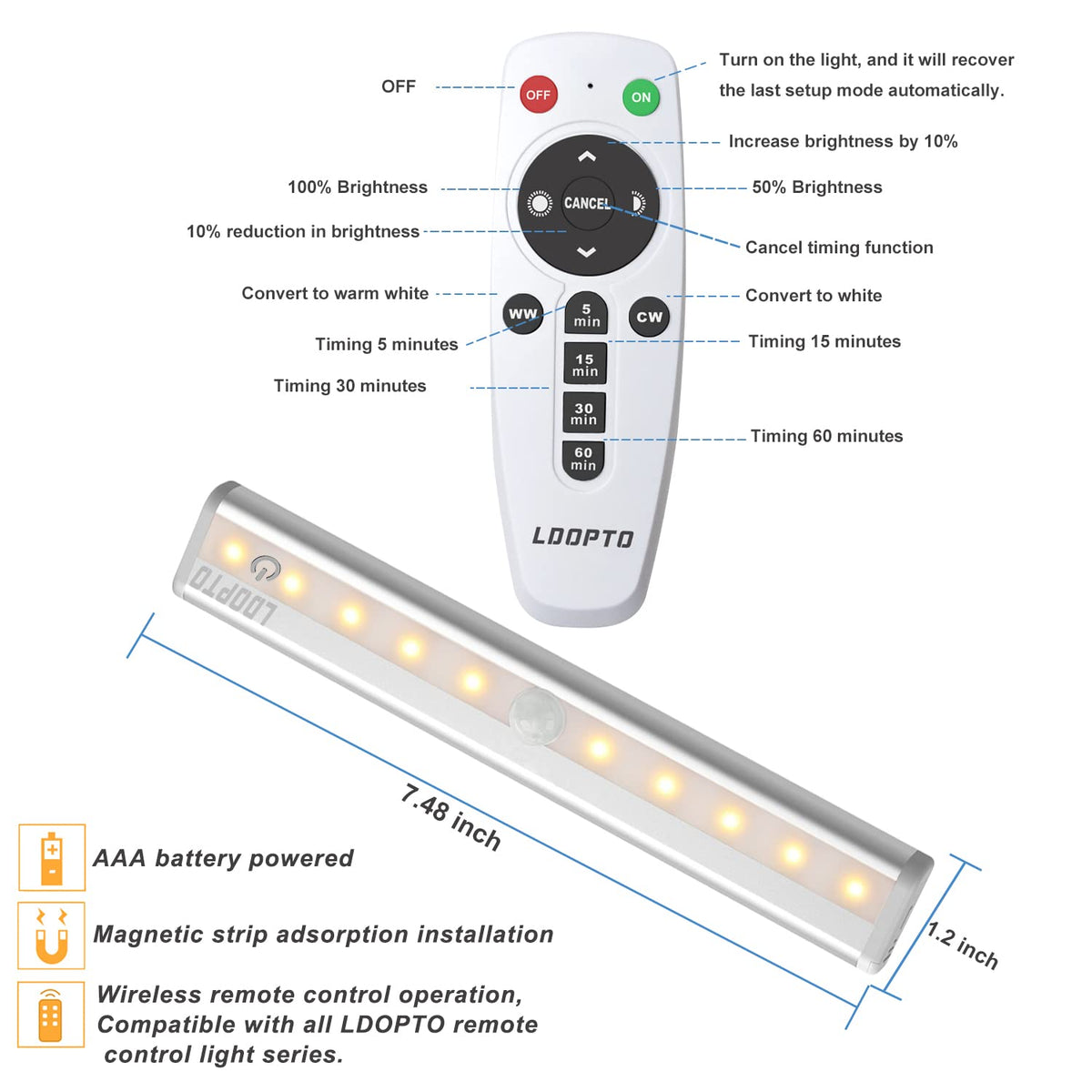 LDOPTO adhesive-magnet under-cabinet light easy installation