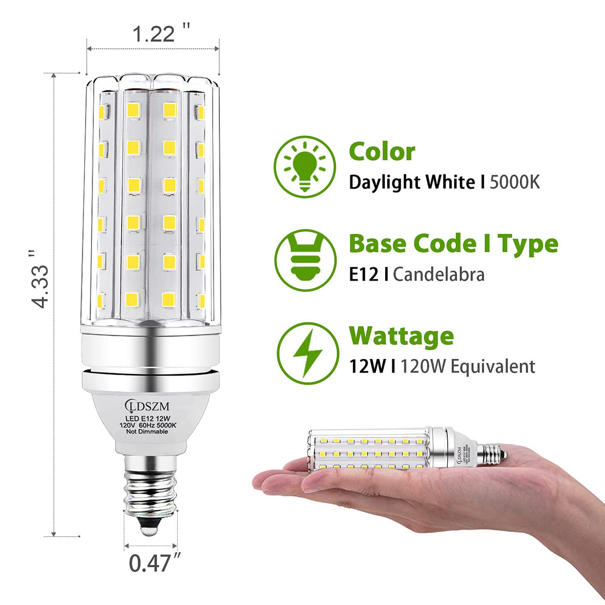 LDSZM E12 LED Corn Light Bulb 3-pack bright daylight 5000K for clear task lighting