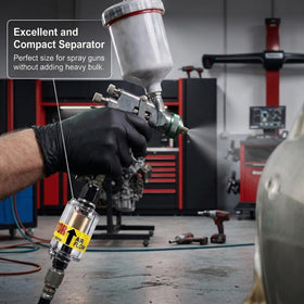 HVLP spray gun in use with LE LEMATEC moisture separator for better spray consistency.
