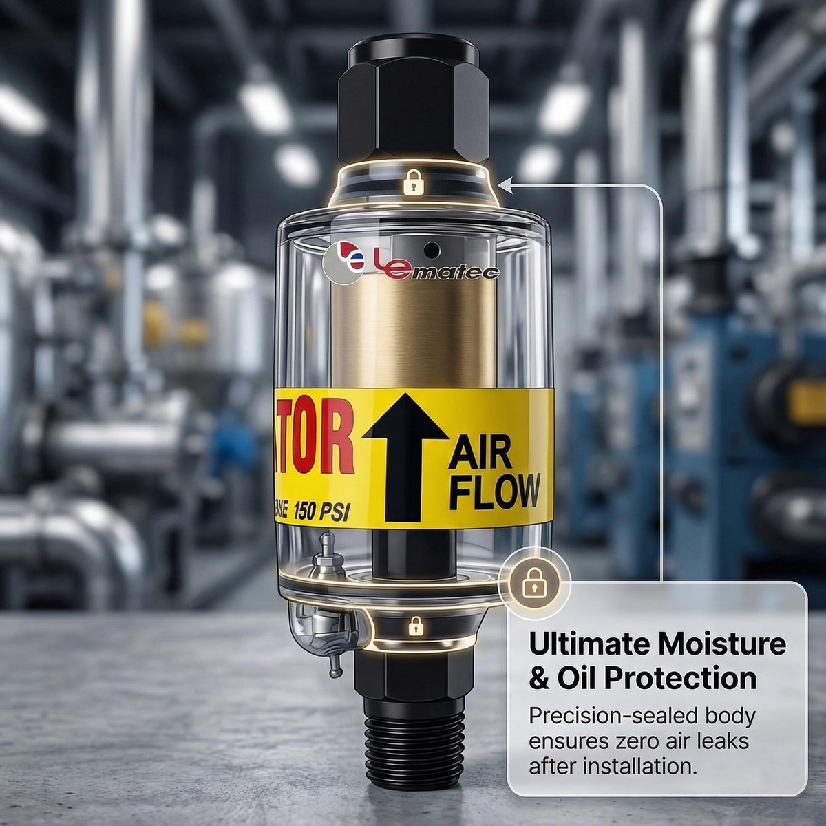 Inline water separator close-up of reusable 1-micron element removing moisture and oil.